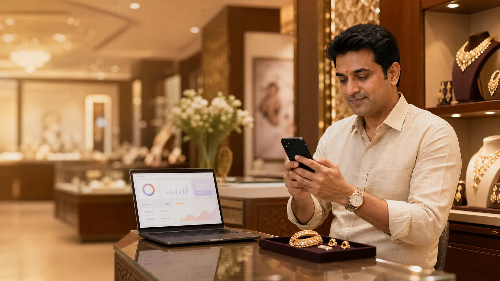 Indian jewellery store owner reviewing customer follow-ups beside jewellery displays