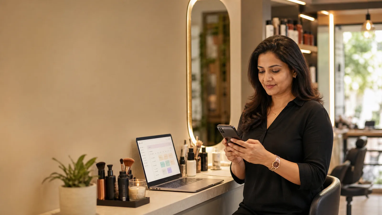 Indian salon owner reviewing booking enquiries beside a salon station