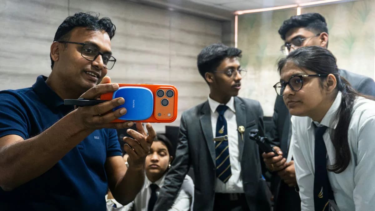 Rakesh Mondal showing college students an AI-built app on a phone